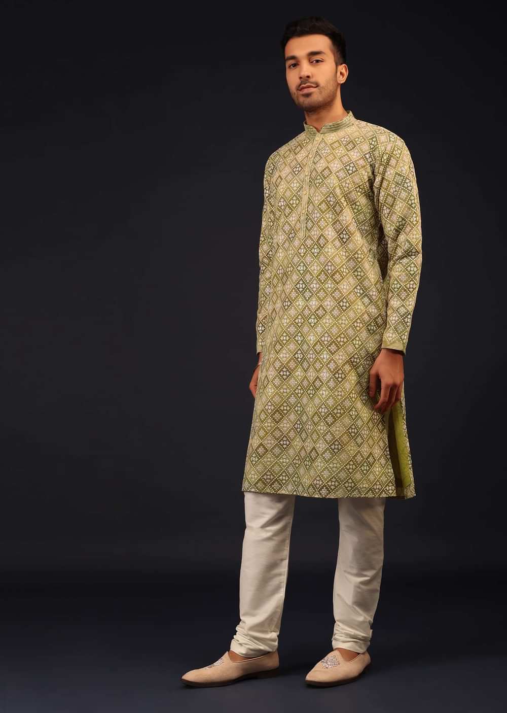 Olive Green Thread-Embroidered Kurta Set