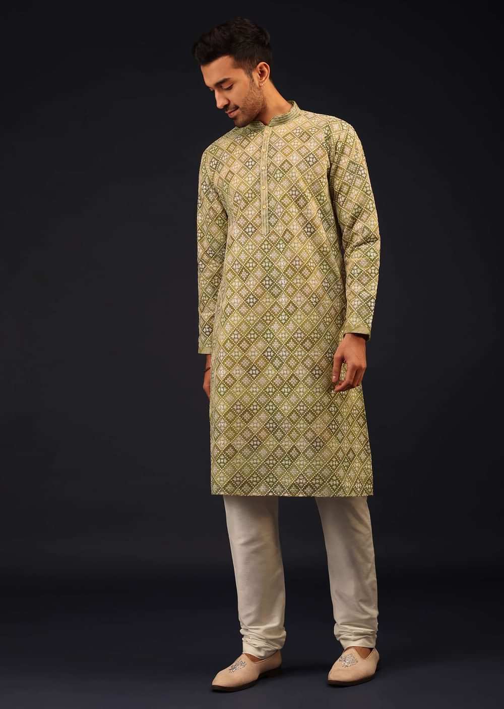 Olive Green Thread-Embroidered Kurta Set