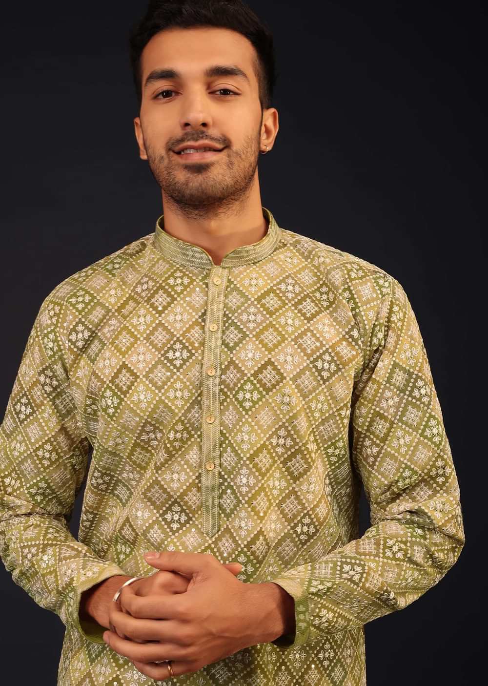 Olive Green Thread-Embroidered Kurta Set