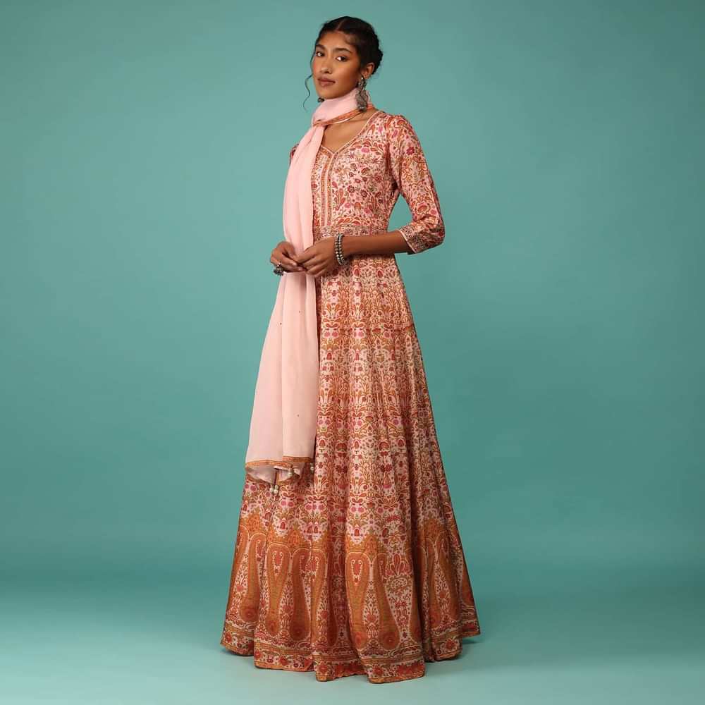 Candy Pink Anarkali Suit Set In Raw Silk With Kashmiri Print Work And Embroidery