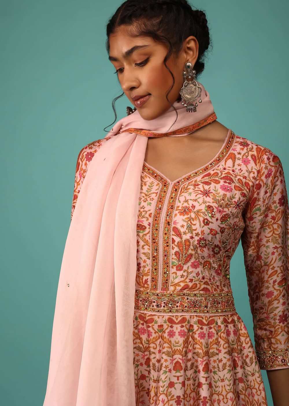 Candy Pink Anarkali Suit Set In Raw Silk With Kashmiri Print Work And Embroidery