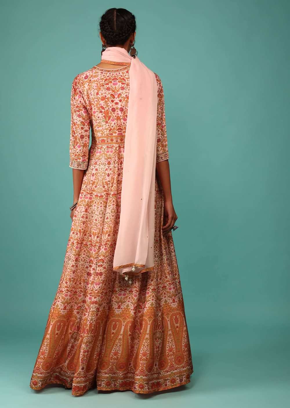 Candy Pink Anarkali Suit Set In Raw Silk With Kashmiri Print Work And Embroidery
