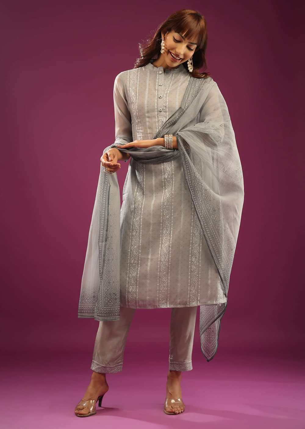 Silver Grey Pant Suit In Organza With Embroidery