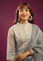 Silver Grey Pant Suit In Organza With Embroidery