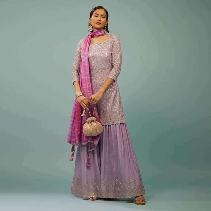 Lavender Purple Sharara Suit With Embroidery And Tie-Dye Dupatta