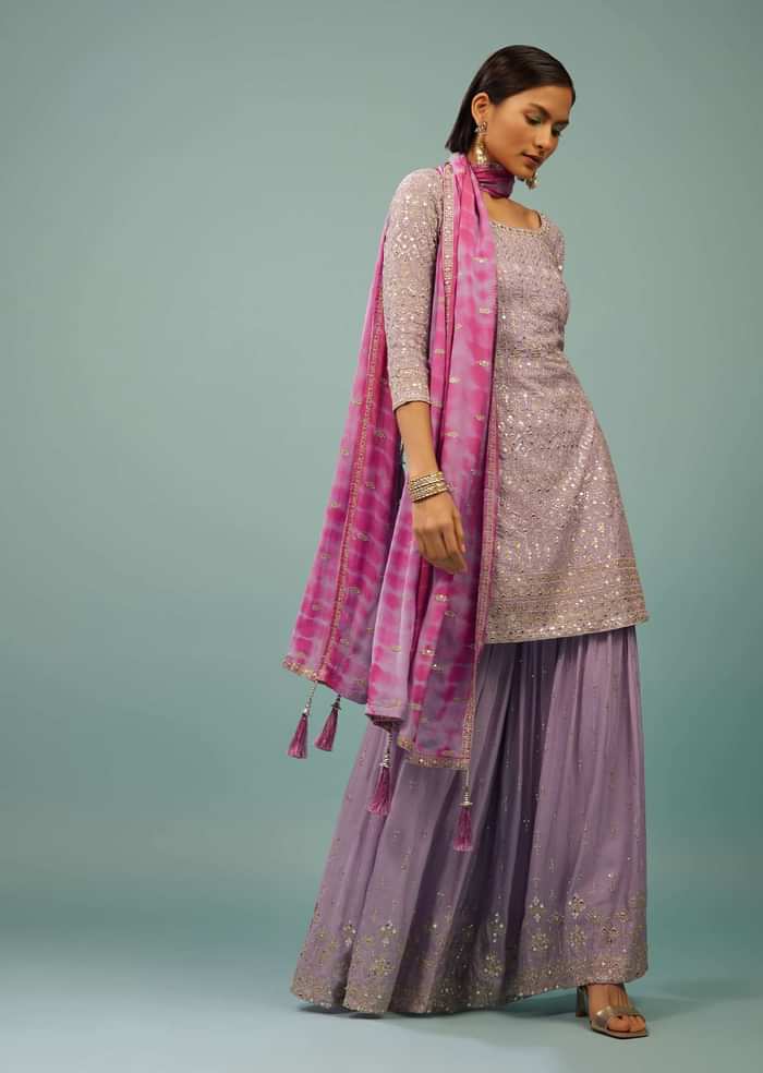 Lavender Purple Sharara Suit With Embroidery And Tie-Dye Dupatta