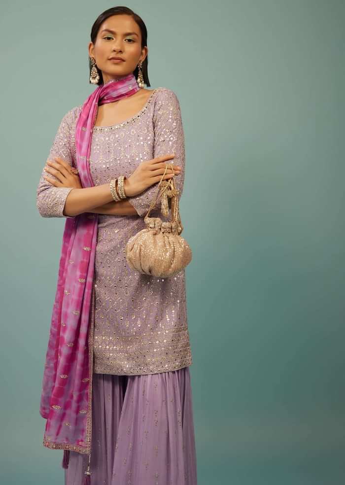 Lavender Purple Sharara Suit With Embroidery And Tie-Dye Dupatta