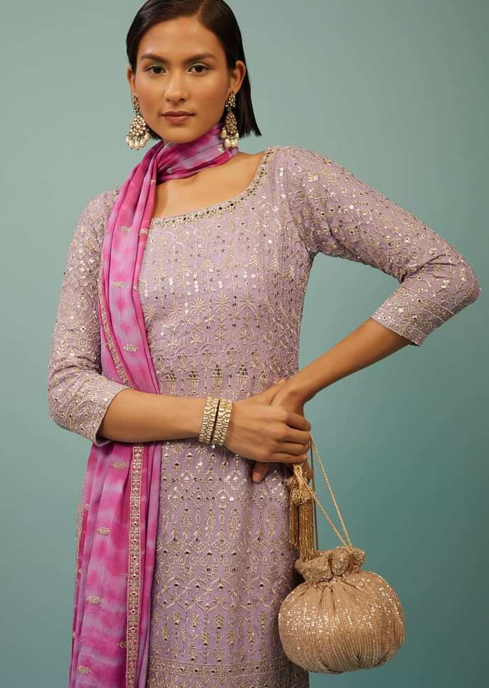 Lavender Purple Sharara Suit With Embroidery And Tie-Dye Dupatta