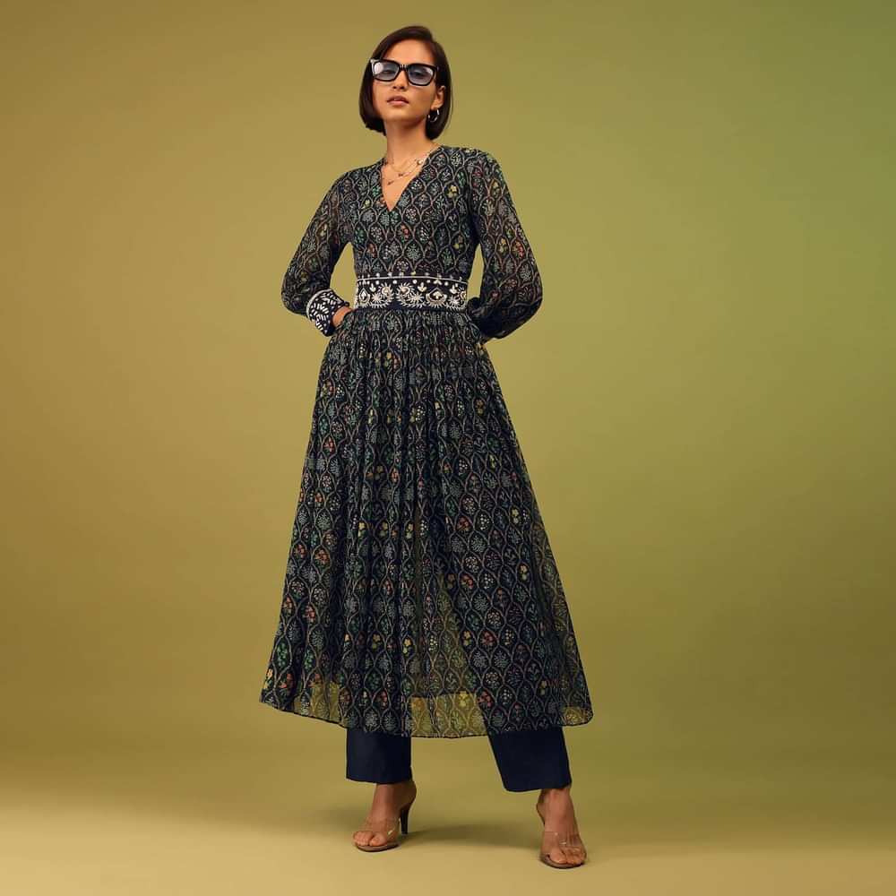 Navy Blue Palazzo Suit In Georgette With Multicolor Floral Print & Embroidery