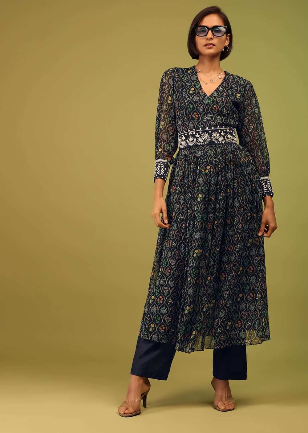 Navy Blue Palazzo Suit In Georgette With Multicolor Floral Print & Embroidery