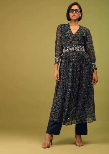 Navy Blue Palazzo Suit In Georgette With Multicolor Floral Print & Embroidery
