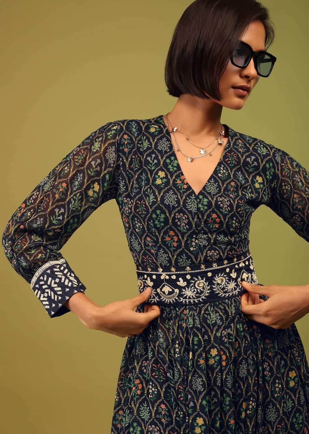 Navy Blue Palazzo Suit In Georgette With Multicolor Floral Print & Embroidery