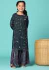 Kalki Peacock Green Kurta Palazzo Set With Mirrorwork In Silk For Girls
