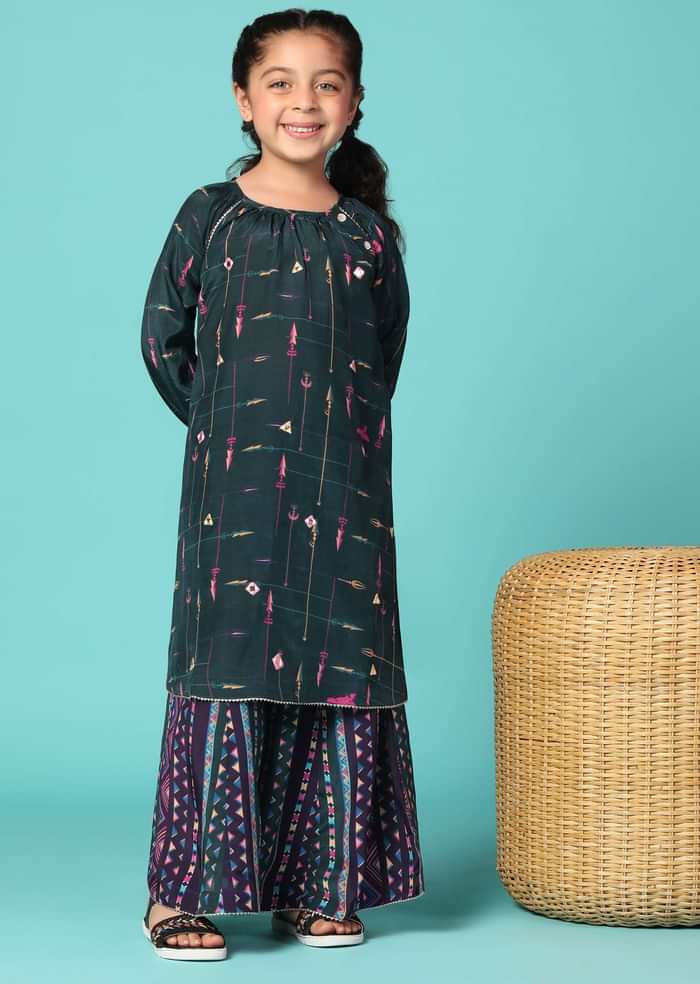 Kalki Peacock Green Kurta Palazzo Set With Mirrorwork In Silk For Girls