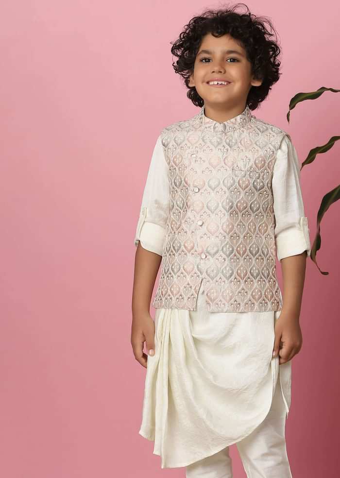 Kalki Petal Pink Bandi Jacket Set With Lucknowi Threadwork for Boys