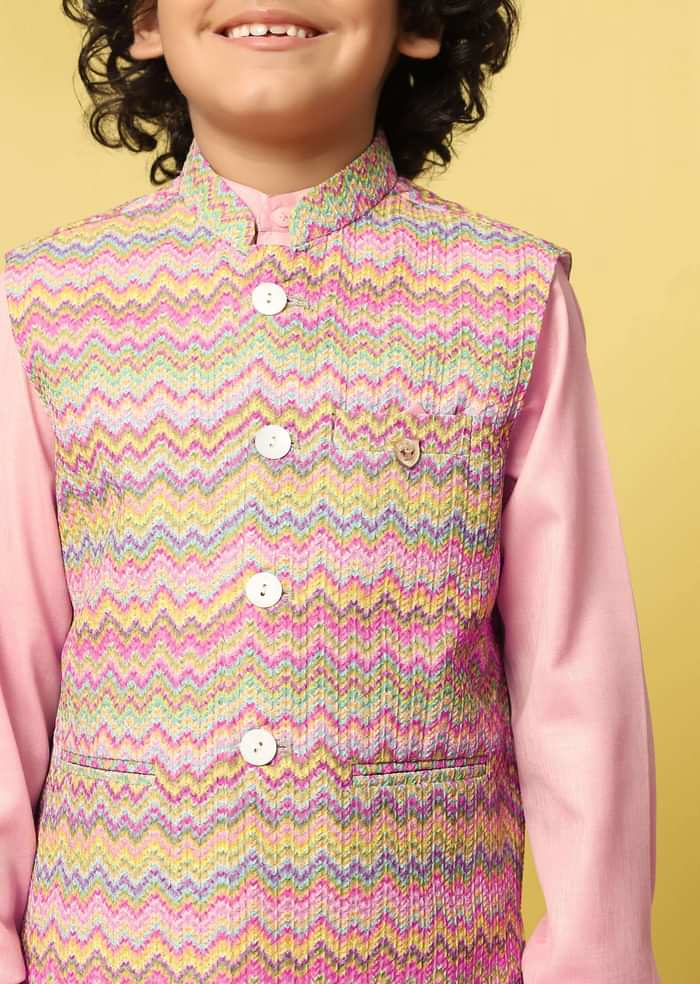 Kalki Pink Bandi Jacket & Kurta Set In Silk With Threadwork For Boys