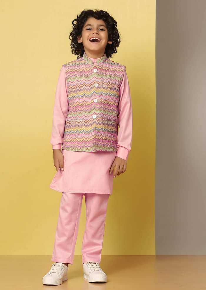 Kalki Pink Bandi Jacket & Kurta Set In Silk With Threadwork For Boys