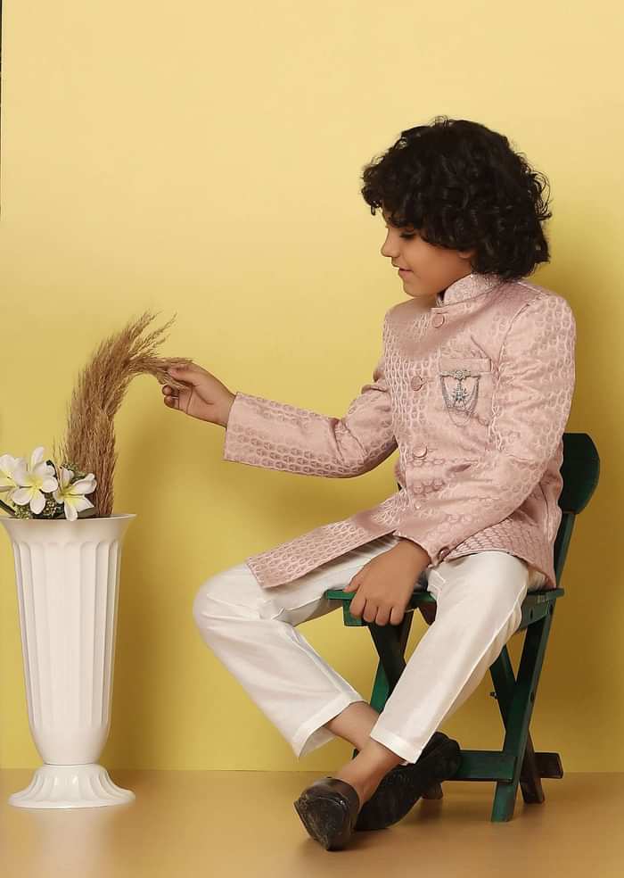 Kalki Pink Embroidered Sherwani Set In Raw Silk With Sequins For Boys
