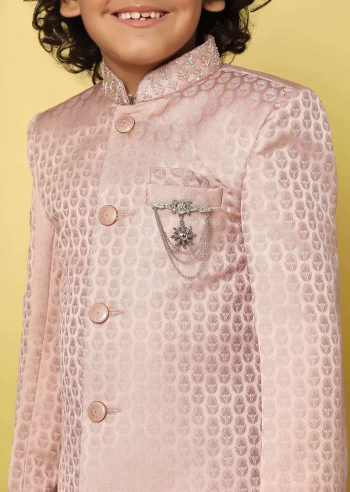 Kalki Pink Embroidered Sherwani Set In Raw Silk With Sequins For Boys
