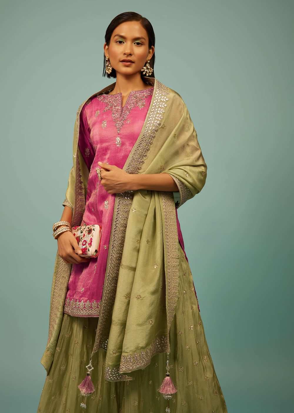 Rose Pink Palazzo Suit With Nile Green Embroidered Palazzo & Dupatta
