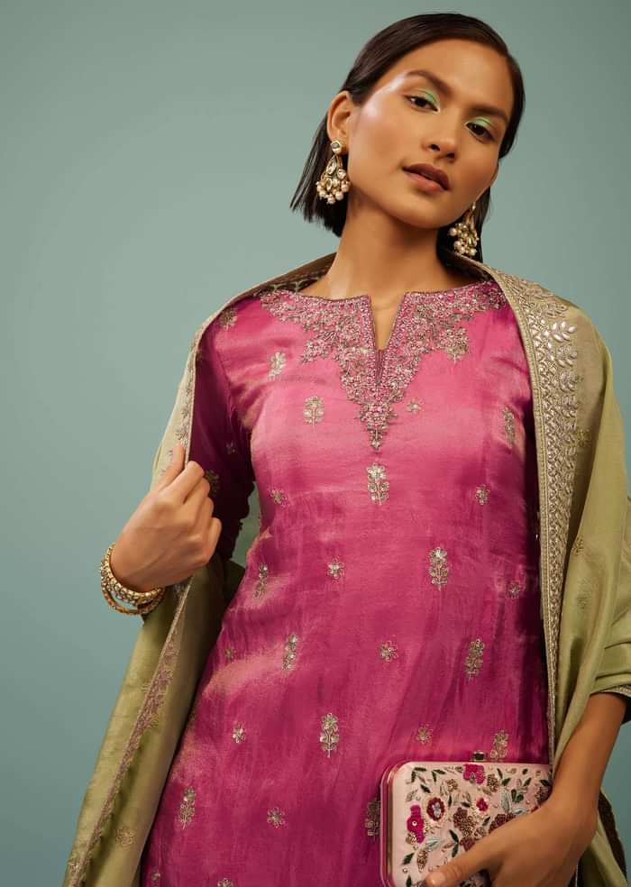 Rose Pink Palazzo Suit With Nile Green Embroidered Palazzo & Dupatta
