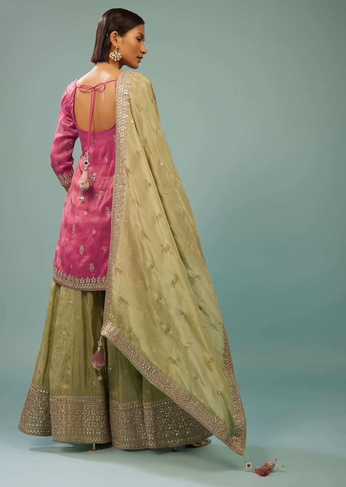 Rose Pink Palazzo Suit With Nile Green Embroidered Palazzo & Dupatta