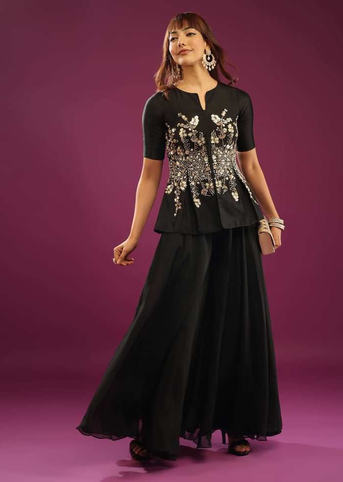 Black Palazzo Peplum Top In Silk & Organza With Embroidery