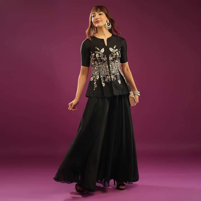 Black Palazzo Peplum Top In Silk & Organza With Embroidery