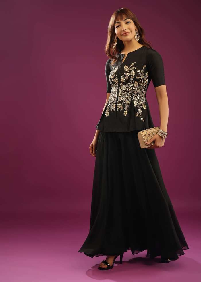 Black Palazzo Peplum Top In Silk & Organza With Embroidery