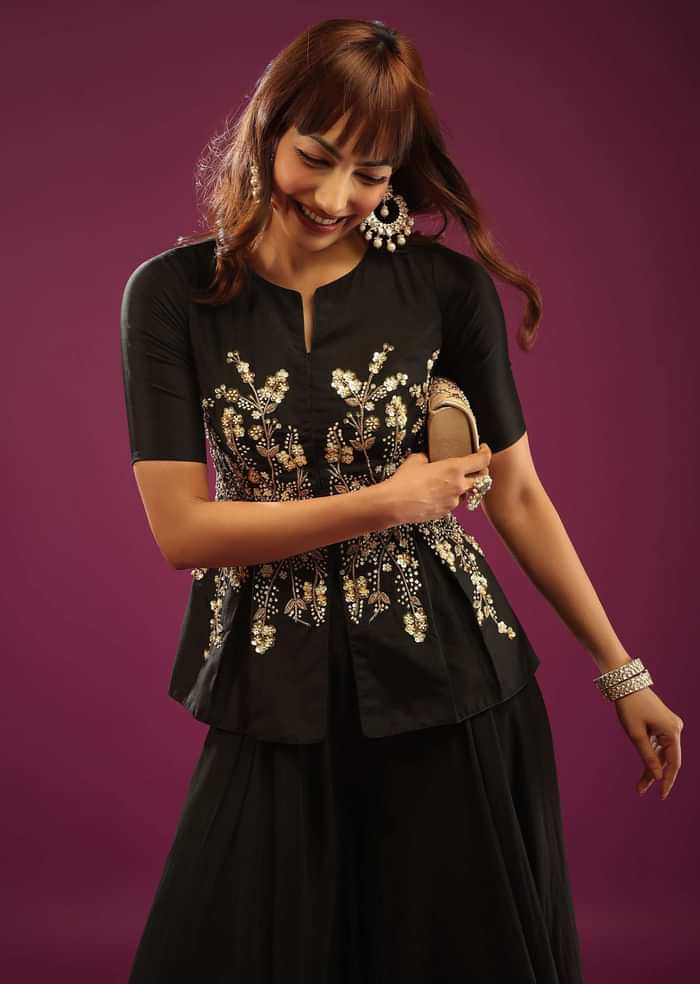 Black Palazzo Peplum Top In Silk & Organza With Embroidery