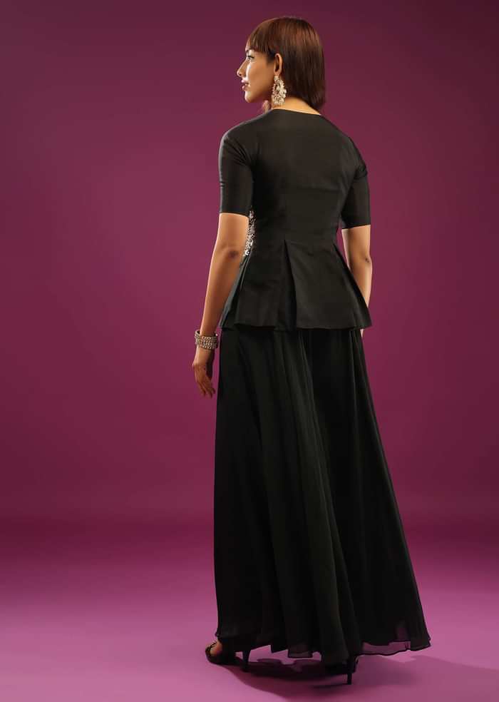 Black Palazzo Peplum Top In Silk & Organza With Embroidery