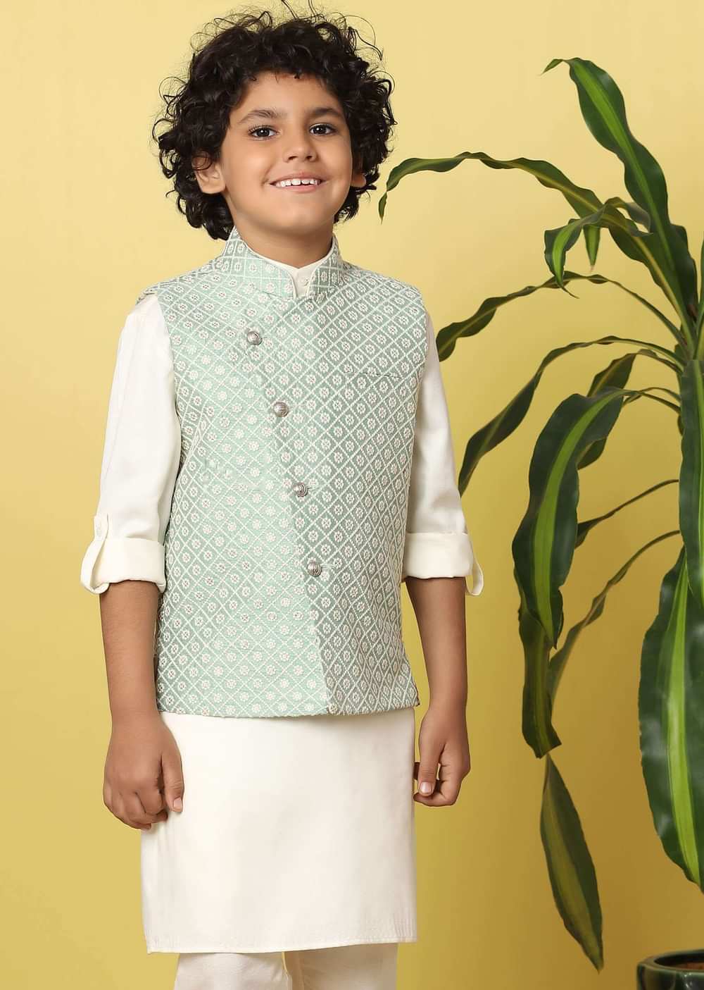 Kalki Pista Green Boys Bandi Jacket Set With In Silk With Threadwork