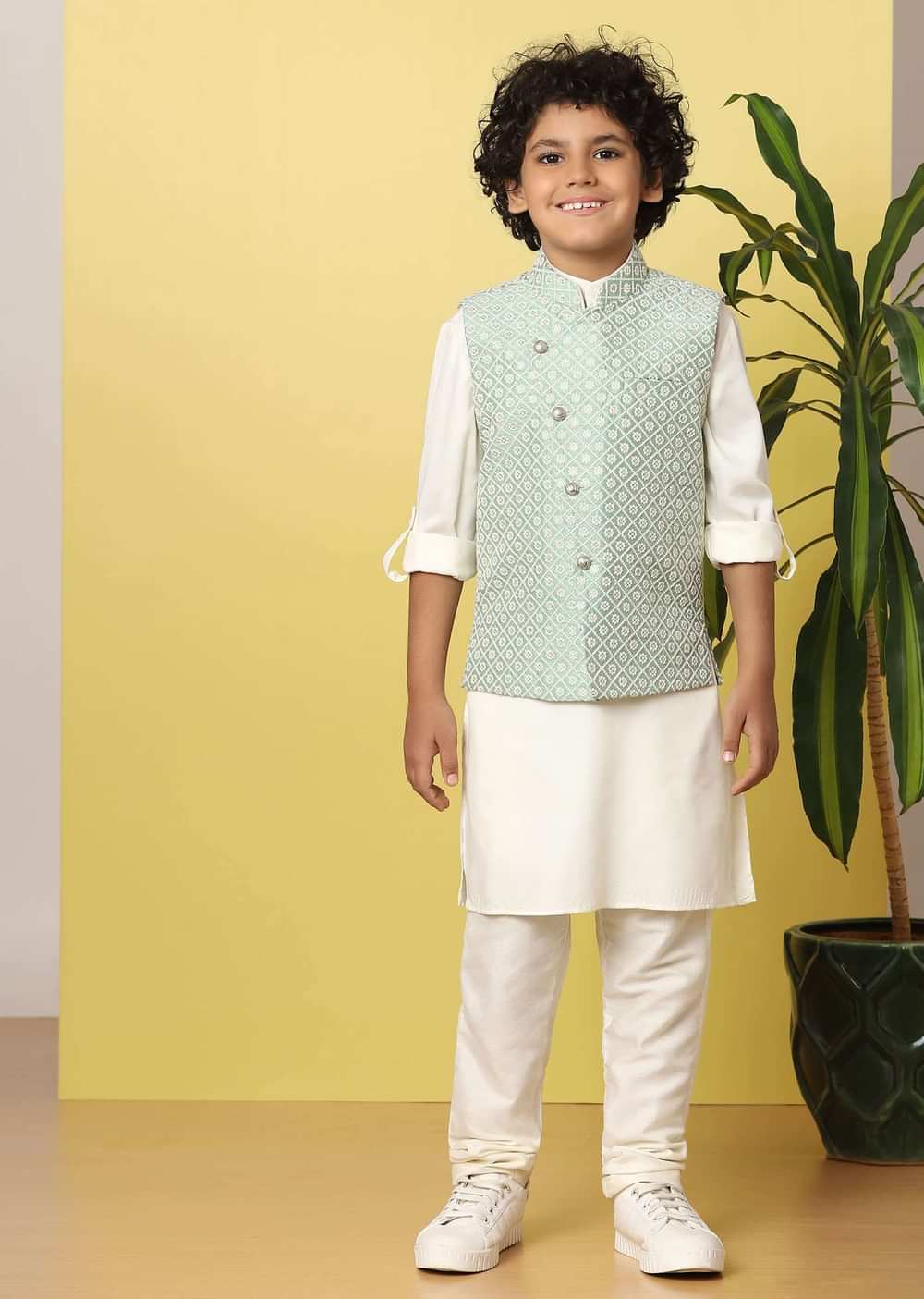 Kalki Pista Green Boys Bandi Jacket Set With In Silk With Threadwork