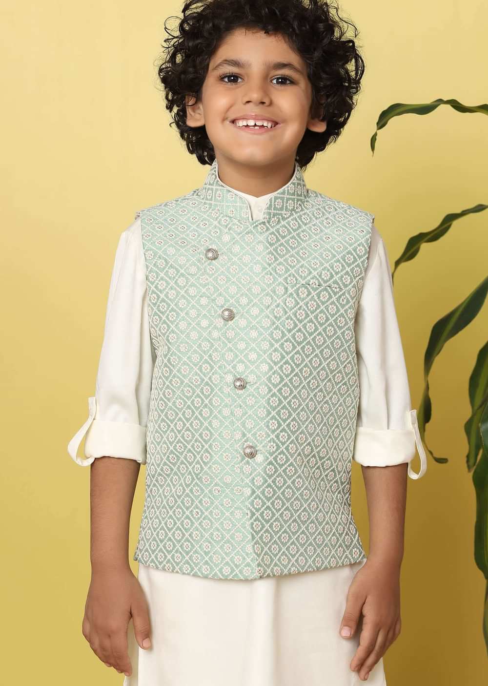 Kalki Pista Green Boys Bandi Jacket Set With In Silk With Threadwork