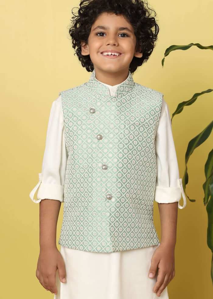 Kalki Pista Green Boys Bandi Jacket Set With In Silk With Threadwork