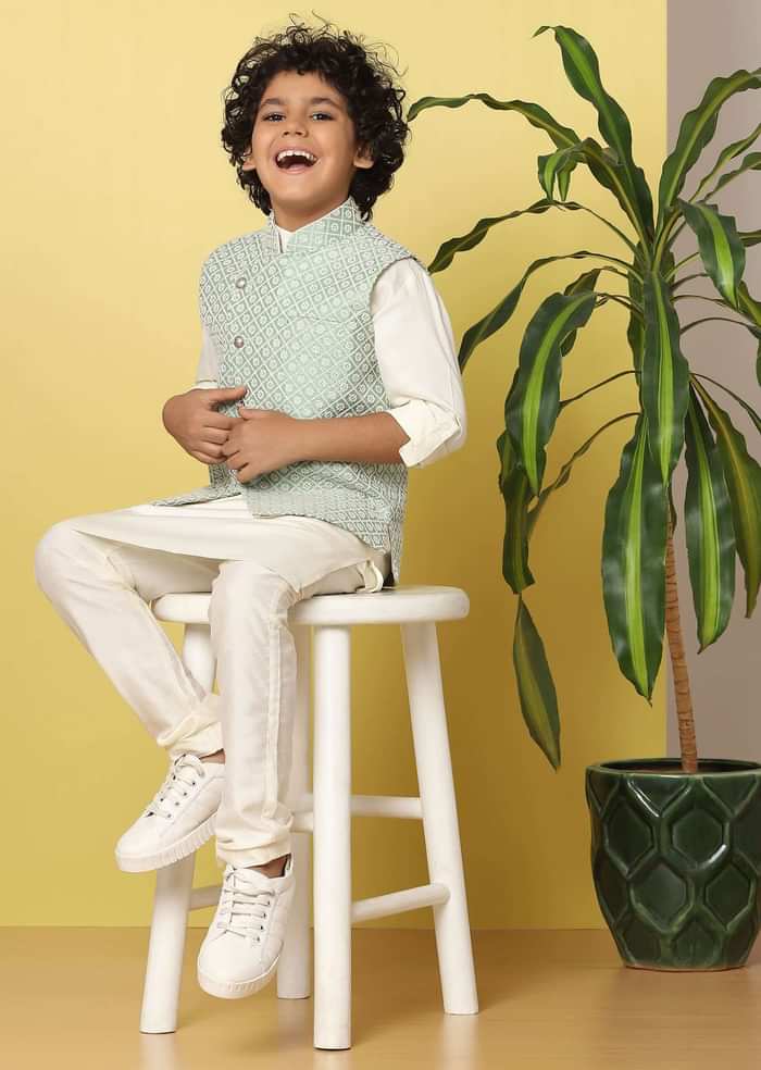 Kalki Pista Green Boys Bandi Jacket Set With In Silk With Threadwork