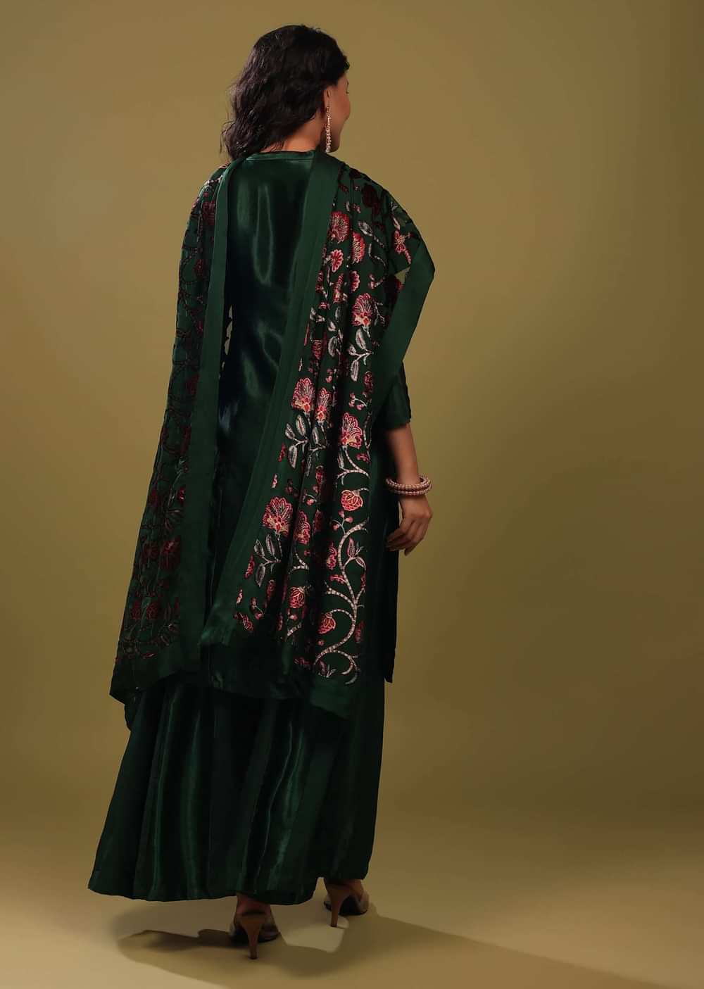 Deep Palazzo Suit In Gajji Silk With A Beautiful Velvet Floral Embroidered Dupatta