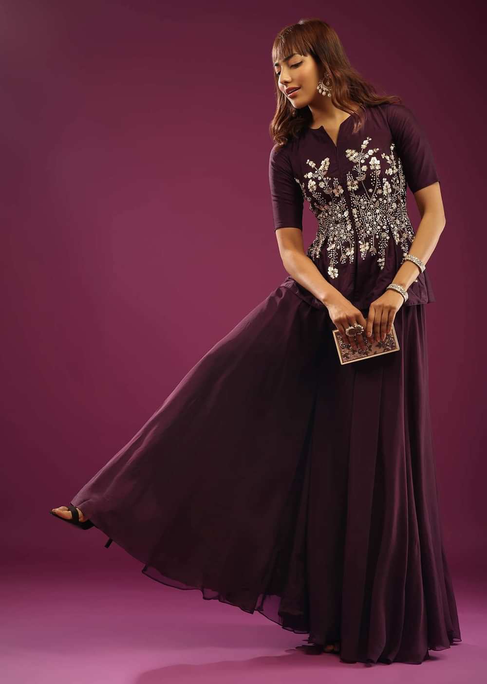 Grape Purple Palazzo Peplum Top In Silk & Organza With Embroidery