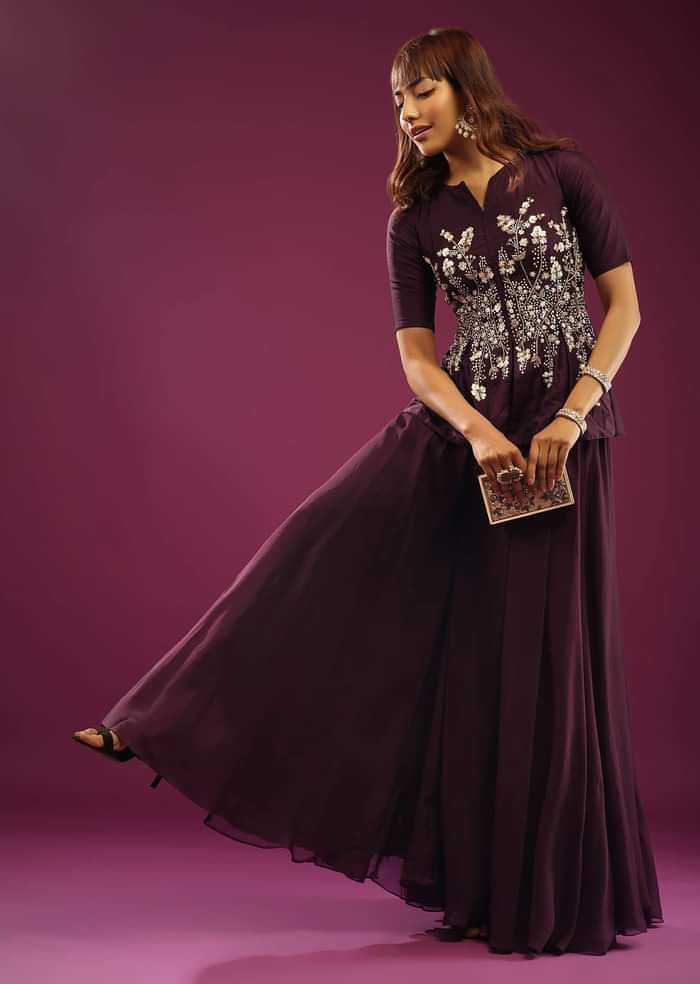 Grape Purple Palazzo Peplum Top In Silk & Organza With Embroidery