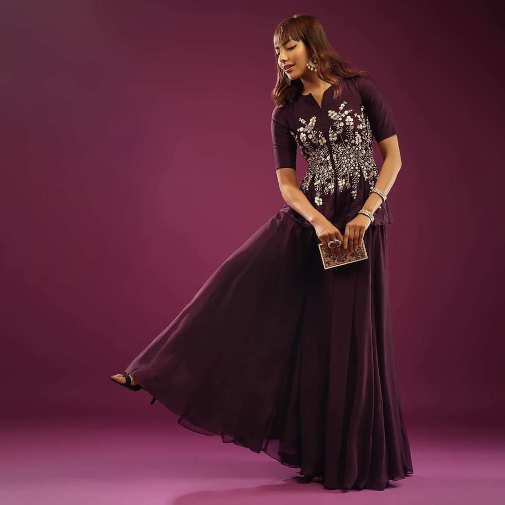 Grape Purple Palazzo Peplum Top In Silk & Organza With Embroidery