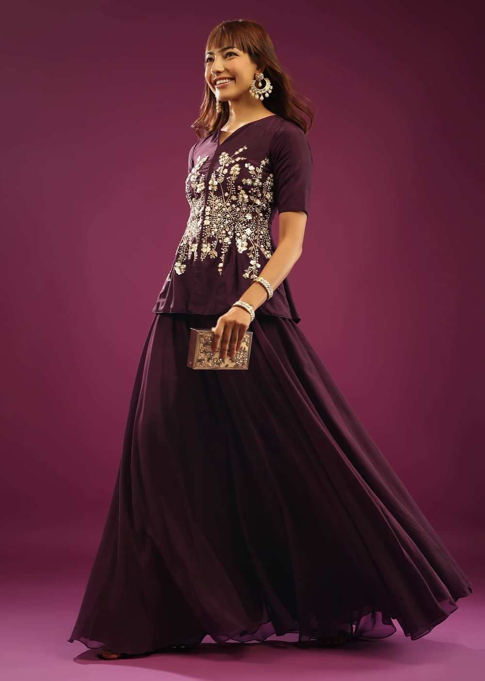 Grape Purple Palazzo Peplum Top In Silk & Organza With Embroidery