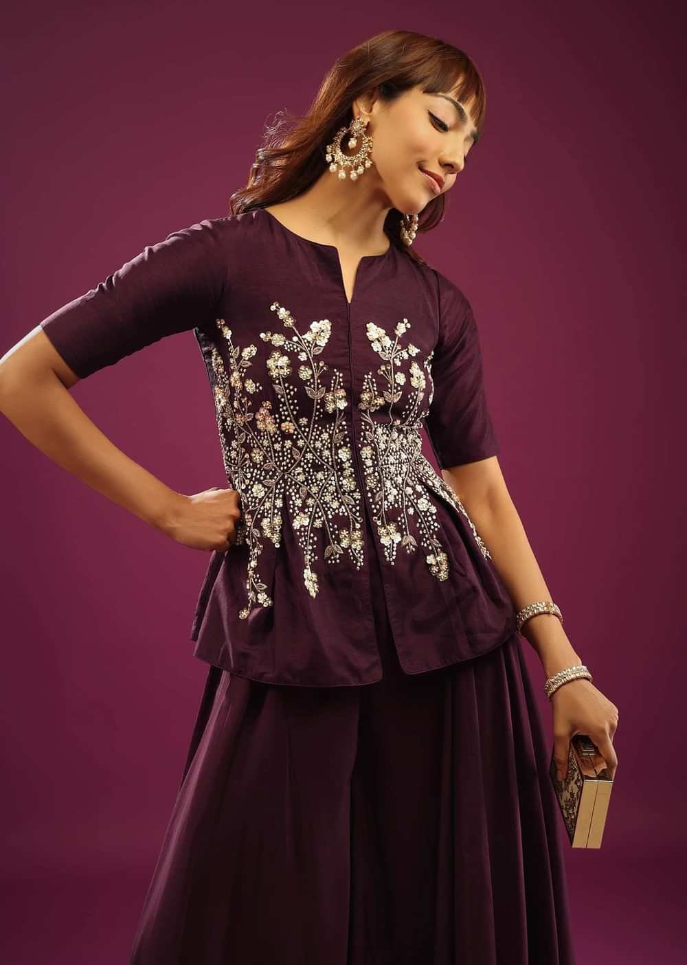 Grape Purple Palazzo Peplum Top In Silk & Organza With Embroidery