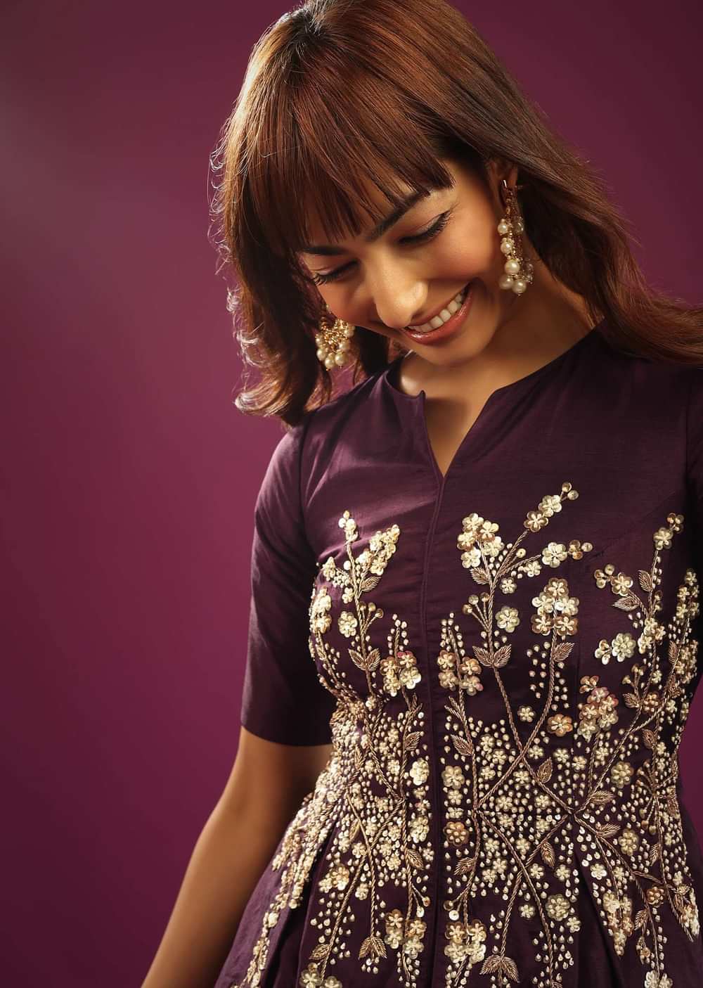 Grape Purple Palazzo Peplum Top In Silk & Organza With Embroidery