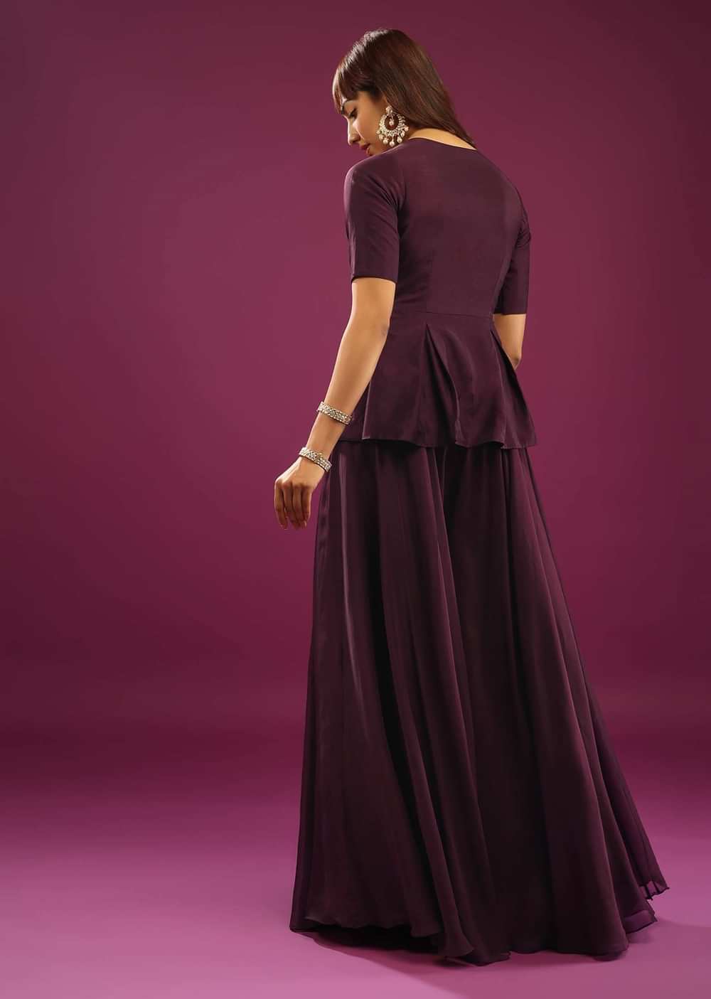 Grape Purple Palazzo Peplum Top In Silk & Organza With Embroidery