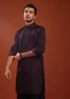 Burgundy Purple Festive Kurta In Mini Silk With Lucknowi Embroidery