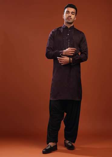 Burgundy Purple Festive Kurta In Mini Silk With Lucknowi Embroidery