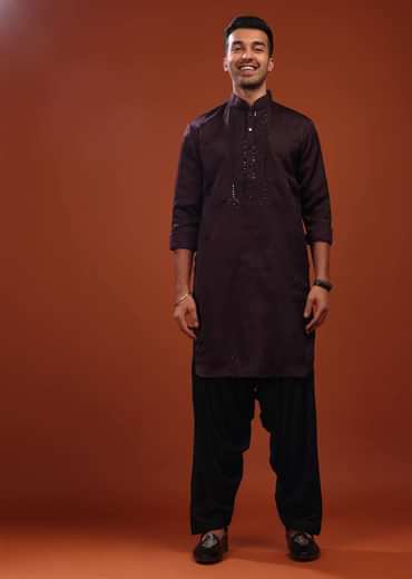 Burgundy Purple Festive Kurta In Mini Silk With Lucknowi Embroidery