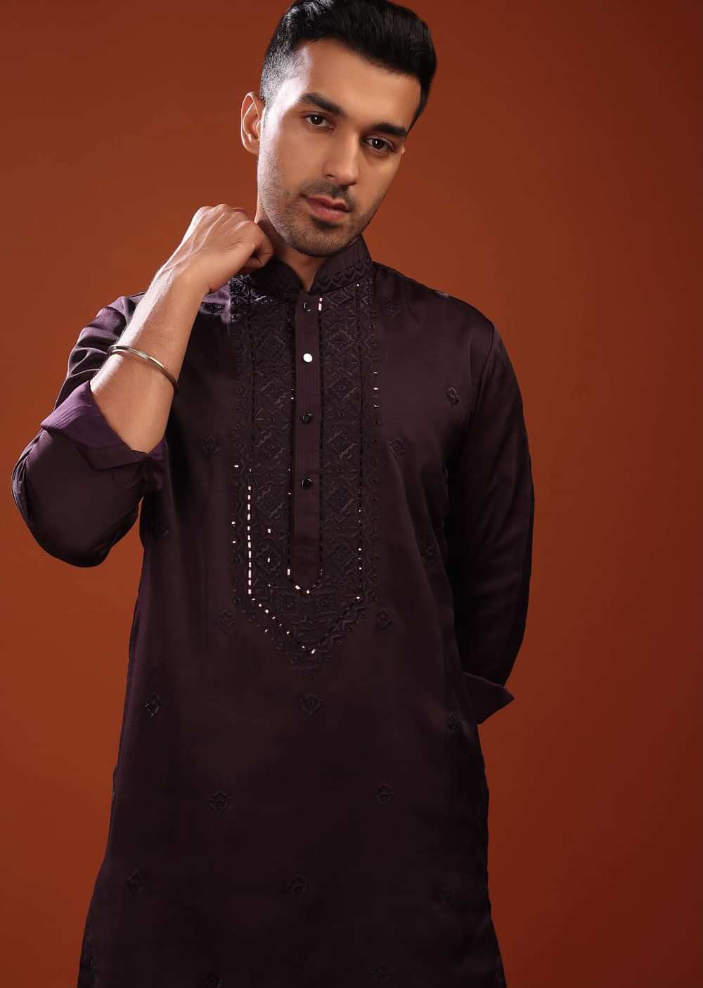 Burgundy Purple Festive Kurta In Mini Silk With Lucknowi Embroidery