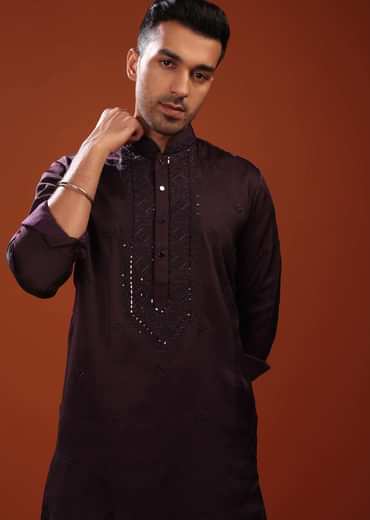 Burgundy Purple Festive Kurta In Mini Silk With Lucknowi Embroidery