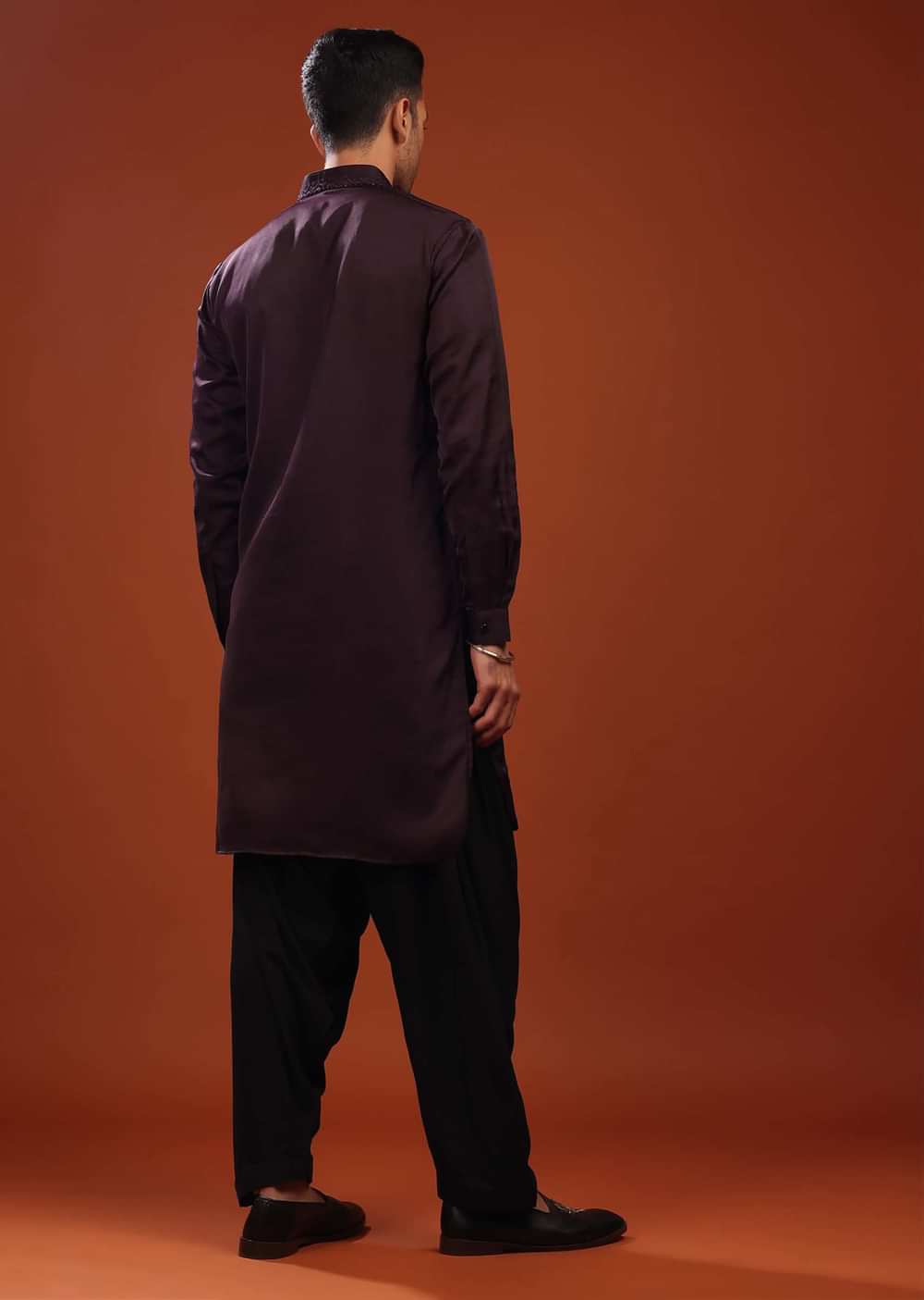 Burgundy Purple Festive Kurta In Mini Silk With Lucknowi Embroidery